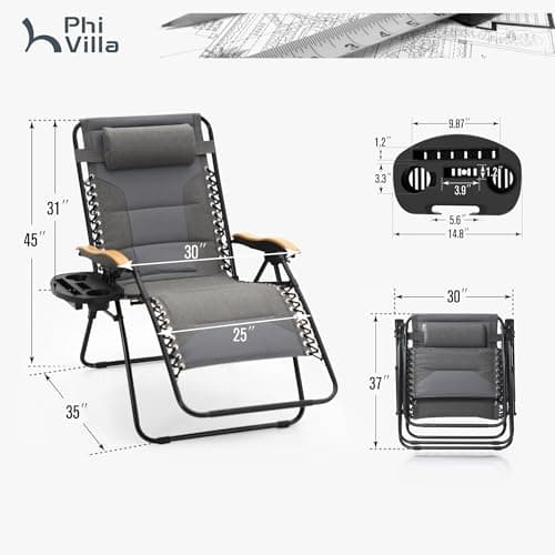 PHI VILLA XXL Oversized Padded Zero Gravity Chair, Foldable Patio Recliner, 30" Wide Seat Anti Gravity Lounger with Cup Holder, Support 400 LBS (Light Gray)
