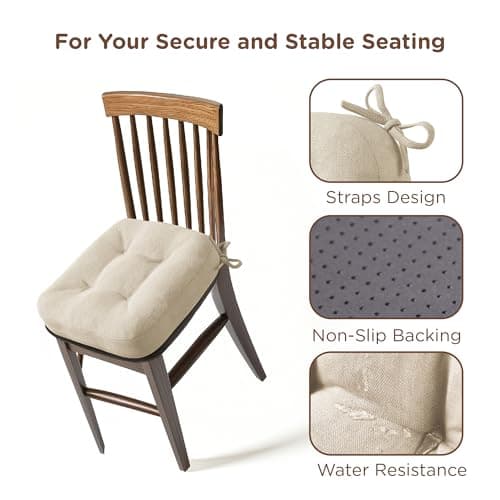 Codi Dining Chair Cushions 4 Pack, Thick Chairs Pads for Indoor Kitchen Room - Washable, Non-Slip Memory Foam Seat Cushion with Ties, 16.5"x16.5"x 3.5", Set of 4, Beige New