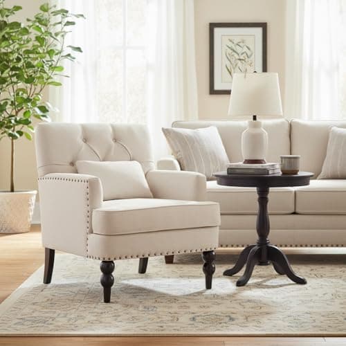 HUIMO Tufted Club Chair,Accent Chair with Lumbar Pillow, Upholstered Button Armchair, Linen Fabric Sofa Chairs for Bedroom, Living Room, Mid Century Modern with Studded Reading Chair Beige