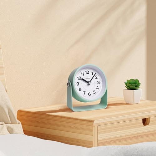 TIMESS Analog Alarm Clock, Silent Non-Ticking Quartz Movement, Battery-Operated with Snooze & On-Demand Light, Easy to Set Gentle Wake Bedside Desk Clock, Ideal for Home, Travel, Office (Green)