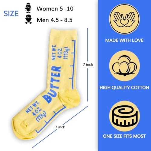 VELENTI Butter Socks – Funny Food Novelty Crew Socks for Women 5–10 & Men 4.5–8.5 | Soft Cotton Blend | Unique Gift for Chefs B0FX389337