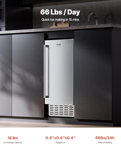 VEVOR Undercounter Built-in Ice Maker, 66 Lbs/Day Under Counter Nugget Ice Maker Machine with Reversible Door, Stainless Steel Freestanding Ice Maker for Commercial Home Kitchen, Electric Drainage