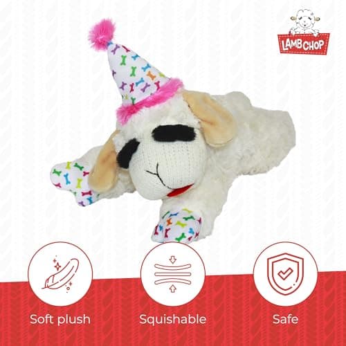 Soft Plush Dog Toy, Stuffed Animal Dog Toy For Playing, Cute Birthday Toy 10.5”, Pink Hat, 5 Squeakers Multipet Lamb Chop Dog Plush Toy with Birthday Hat - Squeaky Dog Toy B0BKH23JXC