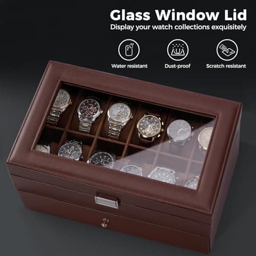 ProCase ProCase Watch Box, 12 Slot Mens Watch Case With Drawer, 2-Layer Watch Display Case With Glass Lid, Mens Jewelry Box Storage Holder Organizer, Birthday Valentine Gifts for Men -12Slot, Espresso