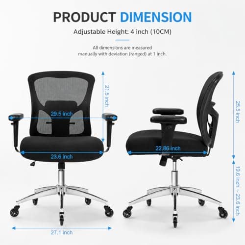 Big and Tall Office Chair 600lbs, Heavy Duty Ergonomic Mesh Chair, Computer Executive Desk Chair with Wide Thick Seat, Adjustable Armrests, Lumbar Support (Black, 601LBS) (Black, 601LBS)