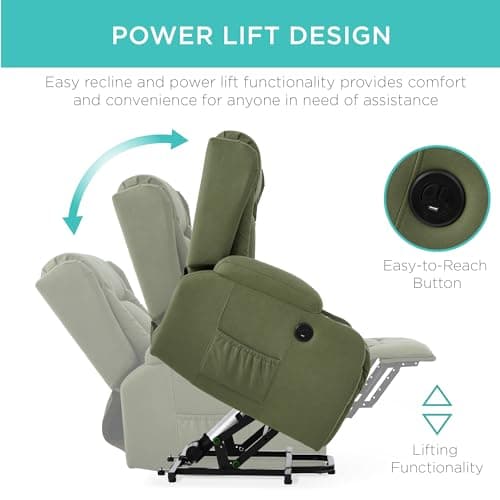 Best Choice Products PU Leather Electric Power Lift Chair, Recliner Massage Chair, Adjustable Furniture for Back, Legs w/ 3 Positions, USB Port, Heat, Cupholders, Easy-to-Reach Side Button - Olive