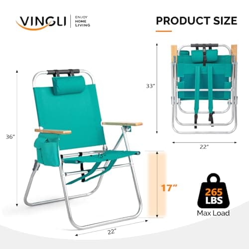 VINGLI 17" Tall Beach Chair, Aluminum Backpack Beach Chairs for Adults, Portable with Adjustable Straps, 3-Position Reclining, Cup Holder, High Lightweight Beach Chairs for Beach,Green
