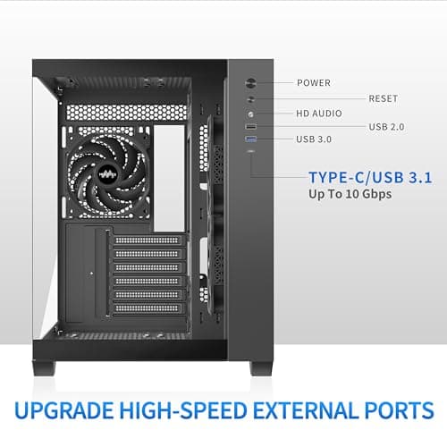 MUSETEX ATX PC Case, 3 x 120mm Fans Pre-Installed, 360MM RAD Support, 270° Full View Tempered Glass Gaming PC Case with Type-C, Mid Tower ATX Computer Case, Black, Y6