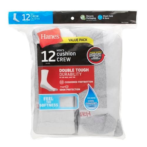 Hanes Men's Double Tough Crew Socks, 12-Pair Pack
