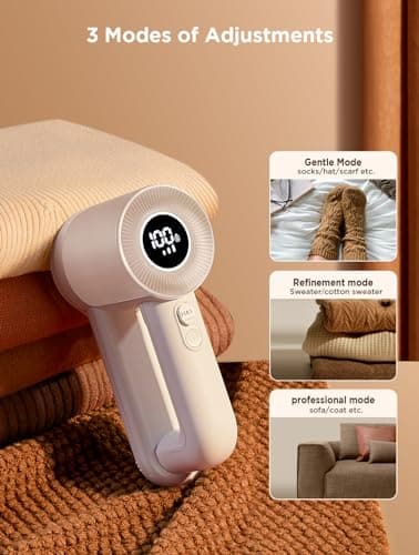 Rechargeable Fabric Shaver, Lint Remover for Clothes, Lint Shaver 6-Leaf Blades, 3-Speeds Lint Shaver with LED Display for Effortless Fuzz & Pill Removal for Clothes, Sweaters, Furniture, White