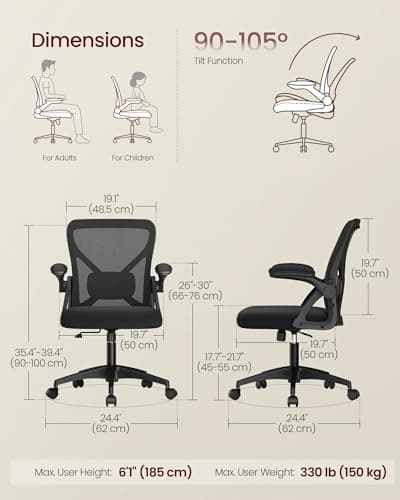 VASAGLE Ergonomic Mesh Office Chair with Adjustable Lumbar Support, 90-105° Tilt Function, Wide Seat, Flip‑Up Armrests, Computer Desk Chair for Home Office, Ink Black UOBN045BH01S