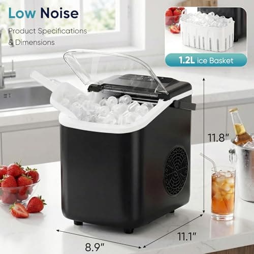 DUMOS Ice Maker Countertop, Ice Machine with Portable Handle, Basket and Scoop, 26lbs Daily, 9 Bullet Cubes in 6~8 Mins, Auto-Cleaning for Home, Kitchen, Office, Outdoors, RV Camping