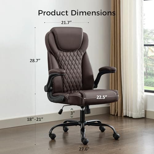 amseatec Office Chair, Executive PU Leather Chair, Ergonomic Computer Desk Chair with Lumbar Support and Adjustable Flip-Up Arms, Rocking Task Chair (Brow