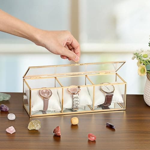 JUXYES JUXYES Clear Glass Watch Display Case with 3 Slots, Luxury Brass Glass Watch Organizer Holder Stand with White Watch Pillow, Modern Transparent Watch Collection Box for Men and Women, Gold