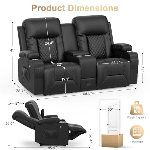 Loveseat Recliner Sofa, Home Theater Seating with Center Console, Reclining Loveseat RV Couch with USB Ports & Phone Holders, Wall Hugger RV Sofa Furniture with Storage & Pocket