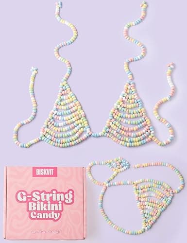 BISKVIT Candy Bikini Bra and G String Set for Women, 2 Piece Set. Favorite Bachelorette Gift for Bride, Bridal Shower Gag Gifts, Funny Outfit for Halloween and Costume Parties B0F348B917