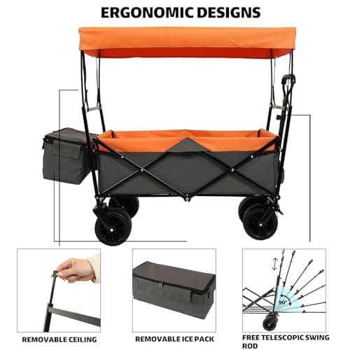 480Lbs Collapsible Wagon with Canopy Steel Orange Large Capacity Mosquito Net Camping Shopping Sports Garden Outdoor-Ready