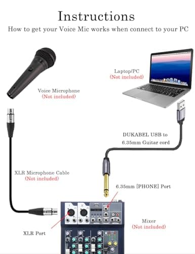 DUKABEL USB Guitar Cable, USB-A to 1/4 TS Cord for Guitar Recording, 8Feet/2.4Meter Instrument Mono Cord for Bass, Mixer, PC, Laptop(Donot Work with RockSmith)