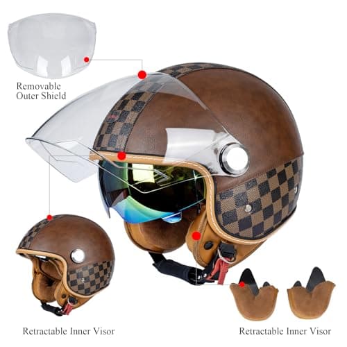 Dual Visor 3/4 Open Face Motorcycle Helmet for Men & Women, DOT Approved Unisex Retro Half Helmet，Motorbike Casco for Moped Cruiser Bobber and Chopper