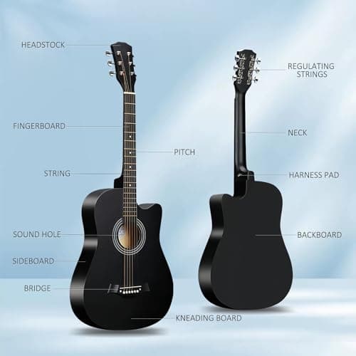 38inch Wood Acoustic Guitar, 6 Steel-String Acoustic Guitar With Guitar Bag, Elementary Tutorial of Folk Guitar for Beginners and Adults. (Black)