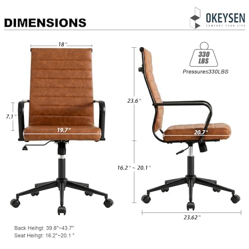 Okeysen Leather Office Desk Chair, Mid-Century Modern Leather Conference Room Chairs, Ergonomic Executive Ribbed Height Adjustable Swivel Rolling Chair for Home Office.