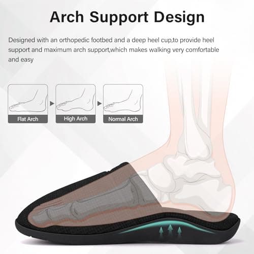 ERGOfoot Orthopedic Slippers for Women, Slip-On Style Summer Slipper with Arch Support, Cozy Comfy Scuff House Shoes for indoor and outdoor with Non-Slip Rubber Sole/Black W9