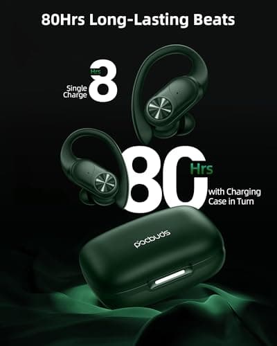 PocBuds Bluetooth Headphones Wireless Earbuds 80hrs Playtime Wireless Charging Case Digital Display Sports Ear Buds with Earhook Deep Bass IPX7 Waterproof Over-Ear Earphones for TV Phone Laptop Olive