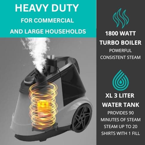 True & Tidy Heavy Duty Commercial Full Size Standing Garment Steamer for Clothes with Extra Large 2.9L (98 oz) Water Tank for 90+ mins of Steam Time, 1800 watts of Powerful Steam, 3 Settings, Gray