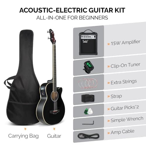 GLARRY Full Size Acoustic Electric Bass Guitar Beginner Kit w/ 15W Amp, Cutaway 4 Strings Electric Acoustic Bass Guitar w/Inbuilt Tuner, Bag, Strap, Picks, Strings, Bass Guitarra，Matte Black