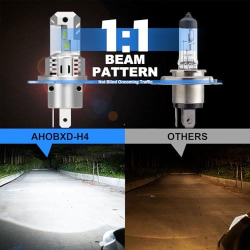 AHOBXD H4 Light Bulbs Hi/Low Beam Super Bright Upgraded 900% 85000LM Brightness 6500K White H4/9003 Bulbs 1:1 Halogen Size Cooling Fan Plug and Play Fog Light Direct Fit Pack of 2