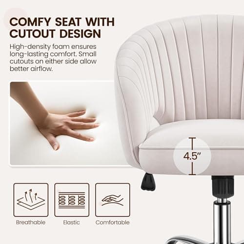 Yaheetech Cute Desk Chair Velvet Vanity Chair with Wheels Home Office Upholstered Modern Swivel Armchair with Tufted Barrel Back for Study, Vanity, Bedroom Cream