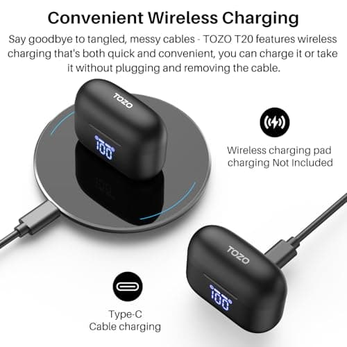 TOZO T20 Wireless Earbuds Bluetooth Headphones 48.5 Hrs Playtime with LED Digital Display, IPX8 Waterproof, Dual Mic Call Noise Cancelling 10mm Broad Range Speakers, New Version