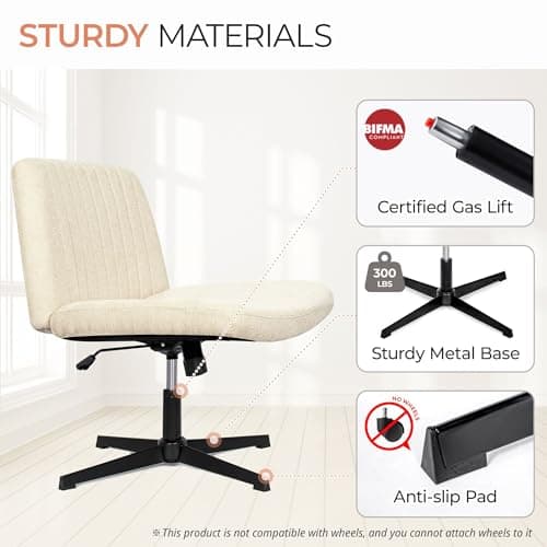 Orange Factory Criss Cross Chair No Wheel Wide Cross Legged Office Desk Vanity Chair Comfy Fabric Armless Adjustable Swivel for Home Computer Task (Beige No Wheel, Classic Fabric)
