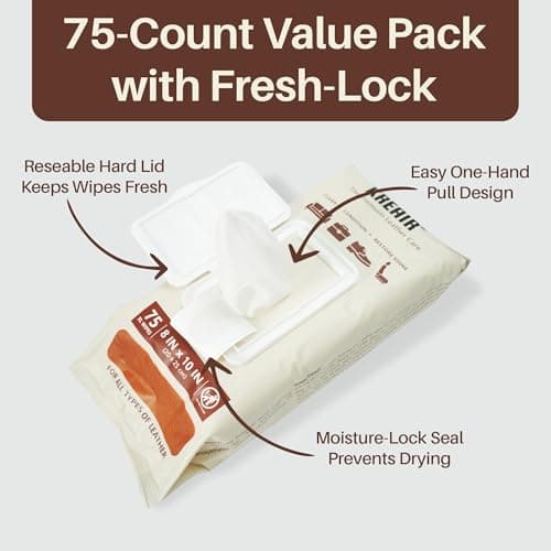 Kreair 3in1 Leather Wipes 75 XL Count, Clean, Condition & Restore Shine, Extra-Large 8"x10" Wipes for Car Seats, Shoes, Furniture & Bags, Thick, Durable & Non-Linting, Safe for All Leather Types