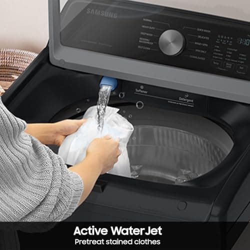 Samsung Smart 4.7 Cu Ft Top Load Washer & 7.4 Cu Ft Electric Dryer, Sensor Stops Overdrying, Low Vibration Quiet Wash, WaterJet w/Power Cords, Hoses, Vent Duct, 1 Year CPS Protection Bundle (Black)