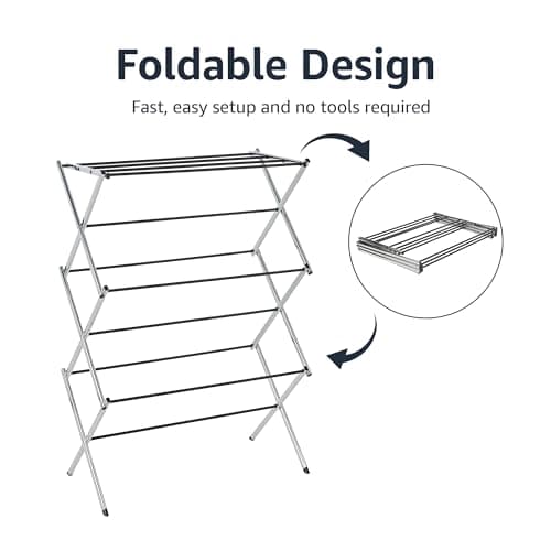 Amazon Basics Foldable Portable Laundry Drying Rack for Indoor Air Drying Clothing, 14.5 x 29.5 x 41.8 inches (LxWxH), Chrome Silver
