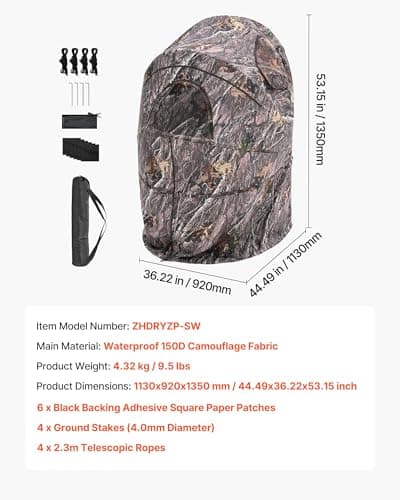 VEVOR Hunting Blind，See Through Ground Blinds with Carrying Bag, 360 Degree Portable Camouflage Tent，Durable Concealed Shelter with Silent Side Door and Window, for Turkey and Deer