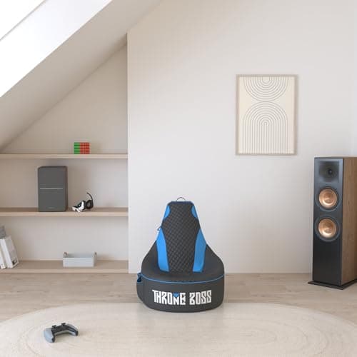 Throne Boss Gaming Bean Bag Chair Cover for Kids with High Back, Blue – Gamer Chair for Kids with 2 x Large Side Pockets, Headphone Hanger, Easy to Clean Fabric, Requires 200 Liters Polystyrene Beans