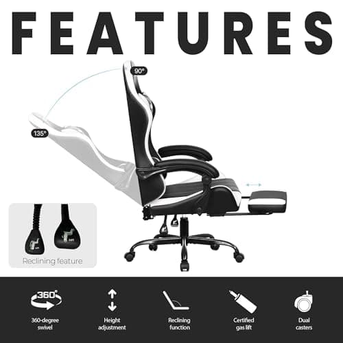 N-GEN GAMING Video Gaming Chair with Footrest Lumbar Support for Home Office High Back Recliner Height Adjustable Ergonomic Comfy Leather Computer Desk Chair (White)
