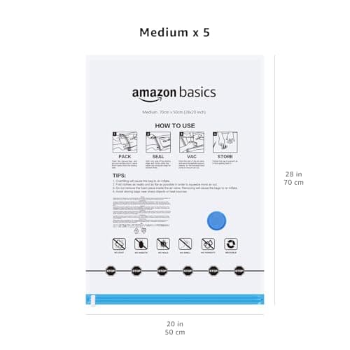 Amazon Basics Vacuum Compression Zipper Storage Bags With Hand Pump, Medium, Clear, 5-Pack, White, Sky Blue