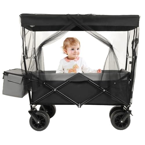 480Lbs Collapsible Wagon with Canopy Steel Black Large Capacity for Camping, Shopping, Sports, Garden Use Mosquito Net Outdoor-Ready