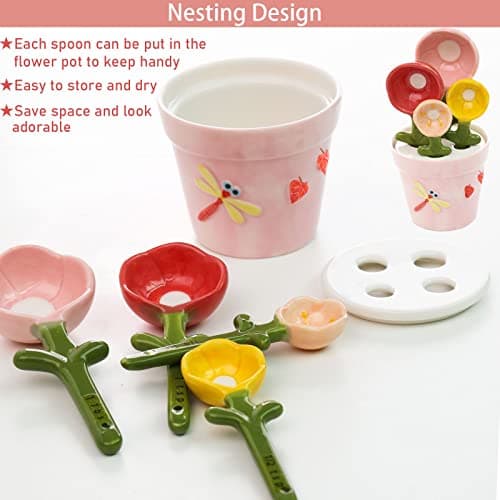 Flower Measuring Spoons Set in Pot Unique Baking Gifts Ceramic Cute Measuring Cups and Spoons with Holder for Dry Wet Ingredients Dishwasher Safe Pink B0BTX9KGZQ