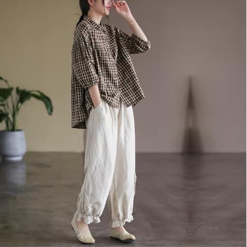 FEUSEUZ Korean Style Summer Shirt Women's Retro Cotton Linen Checkered Shirt Women's Loose Casual Short Sleeved top