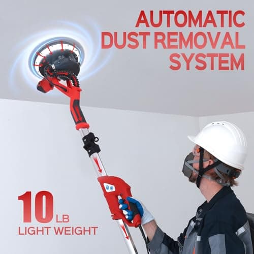Drywall Sander, 2025 Upgraded 8-Amp Popcorn Ceiling Removal Tool with 7 Variable Speed 800-1800RPM, Drywall Sander with Vacuum Dust Collector with Extendable Handle, LED Light, 12pcs Sanding Discs,Red
