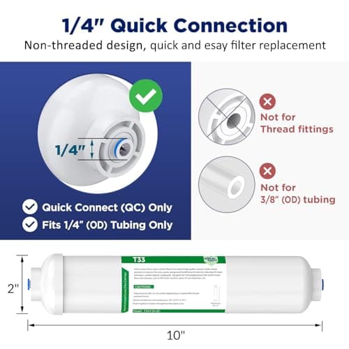 Membrane Solutions T33 Inline Water Filter, 2-Pack 1/4" Quick-Connect Replacement Cartridges for Refrigerator & Ice Maker, Post-Carbon Filter for Reverse Osmosis Systems, Push-to-Connect