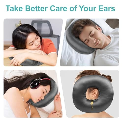 Piercing Pillow for Side Sleepers with an Ear Hole, Donut Pillow for Ear Pain CNH | Pain Relief Sleeping | Pressure Sore | Satin Washable and Adjustable Ear Protector (Dark Gray)