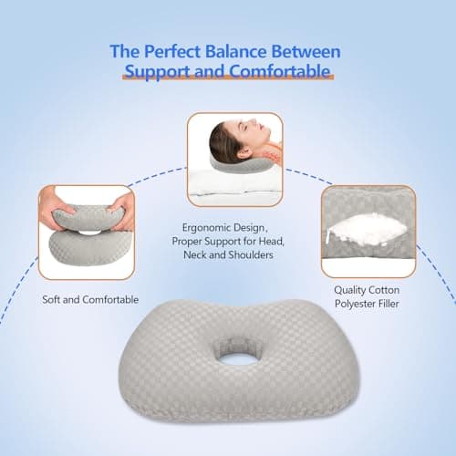 Swaycy Ear Piercing Pillow with an Hole for CNH and Ear Pain Inflammation Pressure Sores for Side Sleepers, Cotton and Polyester Side Sleeper Pillow, Washable and Adjustable Ear Guard Pillow, Gray