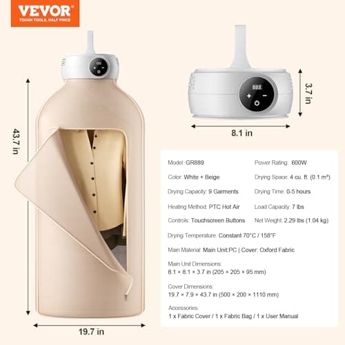 VEVOR Portable Clothes Dryer with Dryer Bag, PTC Heating & LED Display, Foldable Mini Dryer with 5-H Timer for Apartments, Dorms, RVs, or Hotels, 600W, Beige