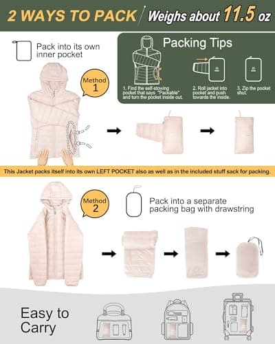 Outdoor Ventures Women's Packable Lightweight Full-Zip Puffer Jacket with Hood Quilted Winter Coat