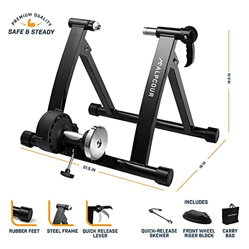 Alpcour Bike Trainer Stand for Indoor Riding – Portable Foldable Magnetic Stainless Steel Indoor Trainer, Noise Reduction, 6 Resistance Settings & Bag – Stationary Exercise for Road & Mountain Bikes